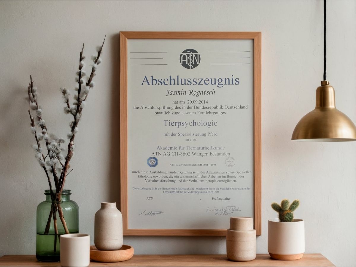 Gerahmtes Abschlusszeugnis Tierpsychologie mit Spezialisierung Pferd von Jasmin Rogatsch