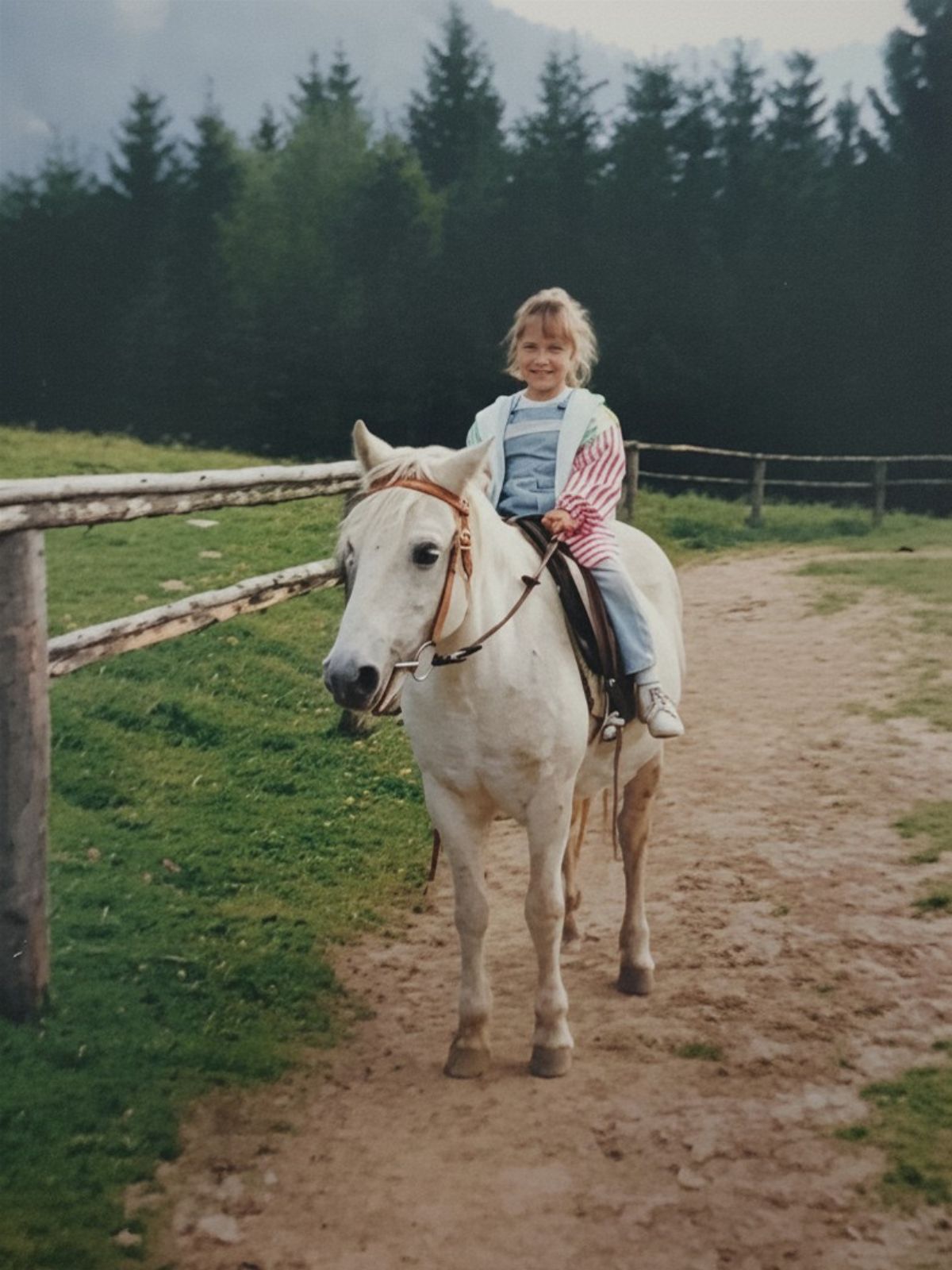 Jasmin Rogatsch als Kind auf dem Schimmel Gretl